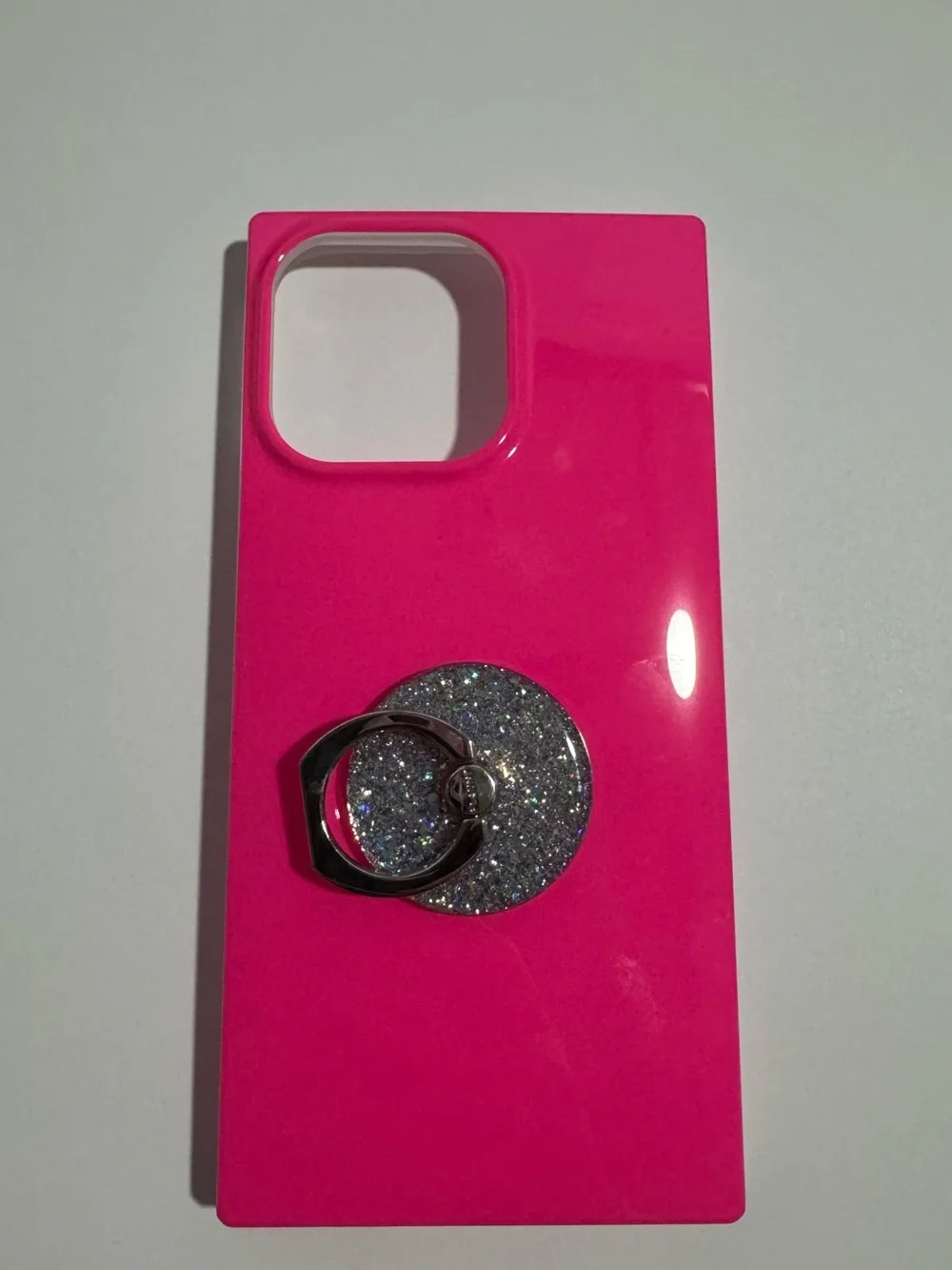 Hot Pink Phone Case with Silver Glitter Ring Grip- iPhone 15 Pro Max
